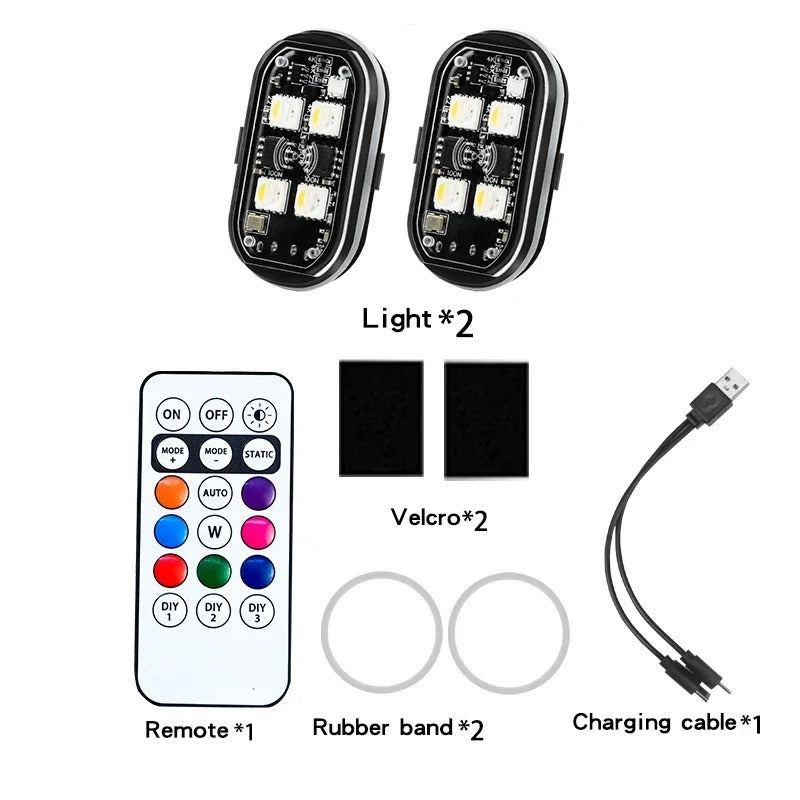 Lumières LED RGB Sans Fil - Éclairage d'Ambiance Voiture, Moto, Vélo, Camping, Extérieur - Stroboscope & Feux de Sécurité, Télécommande 8 Couleurs, Rechargeable, Étanche