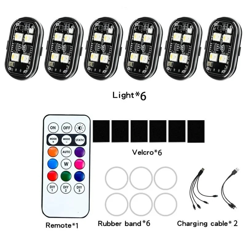Lumières LED RGB Sans Fil - Éclairage d'Ambiance Voiture, Moto, Vélo, Camping, Extérieur - Stroboscope & Feux de Sécurité, Télécommande 8 Couleurs, Rechargeable, Étanche