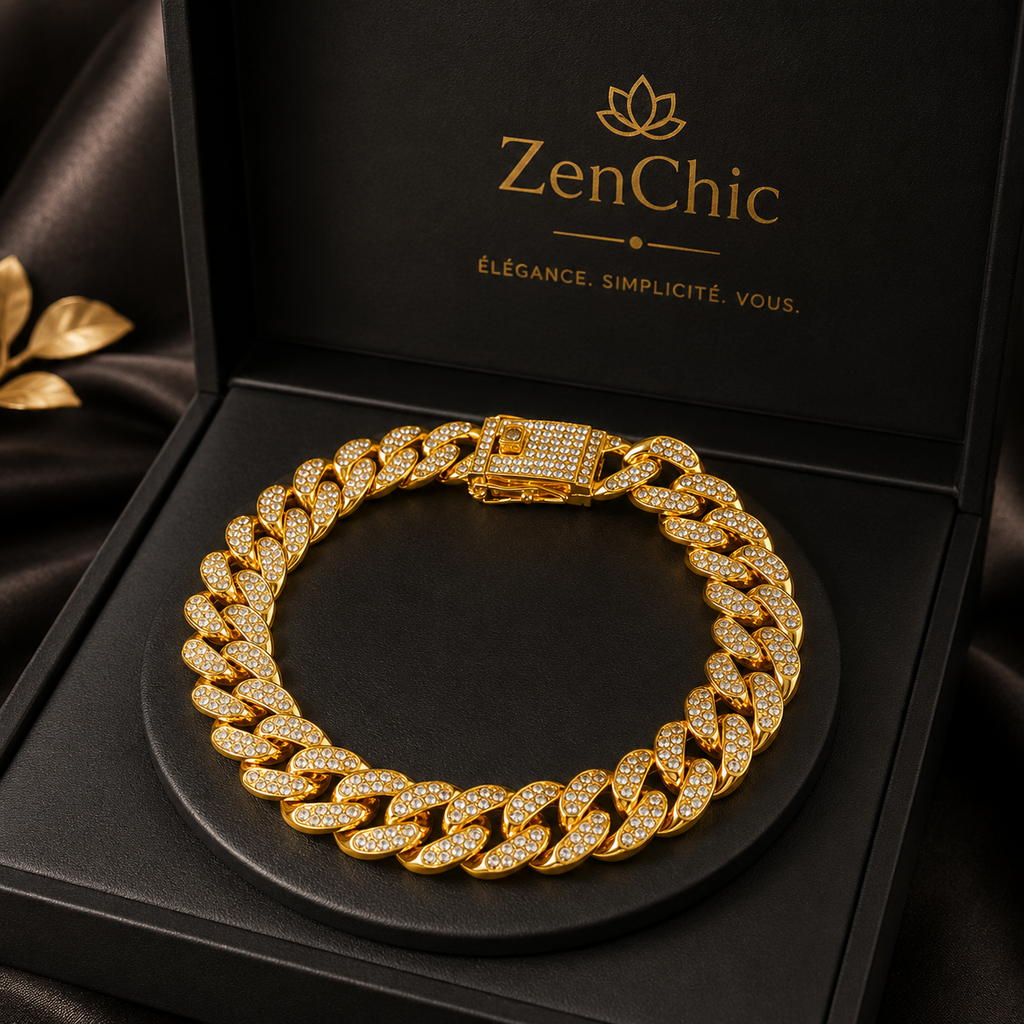 Bracelet Maille Cubaine Acier Inoxydable — Gourmette Strass Homme Femme, Bijou Streetwear Chic