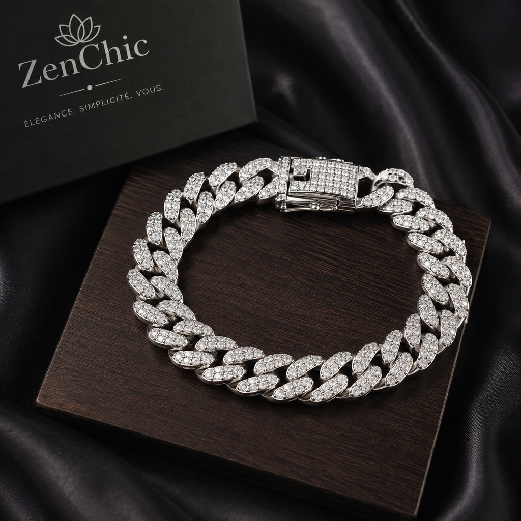 Bracelet Maille Cubaine Acier Inoxydable — Gourmette Strass Homme Femme, Bijou Streetwear Chic