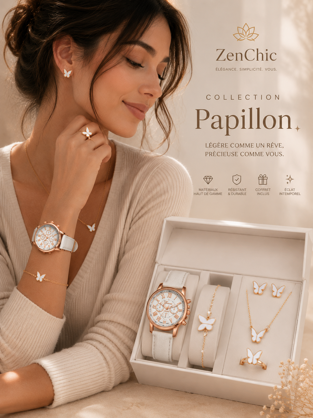 Coffret Montre Femme + Bijoux Papillon/cœurs | Ensemble Cadeau 5 Pièces — ZenChic