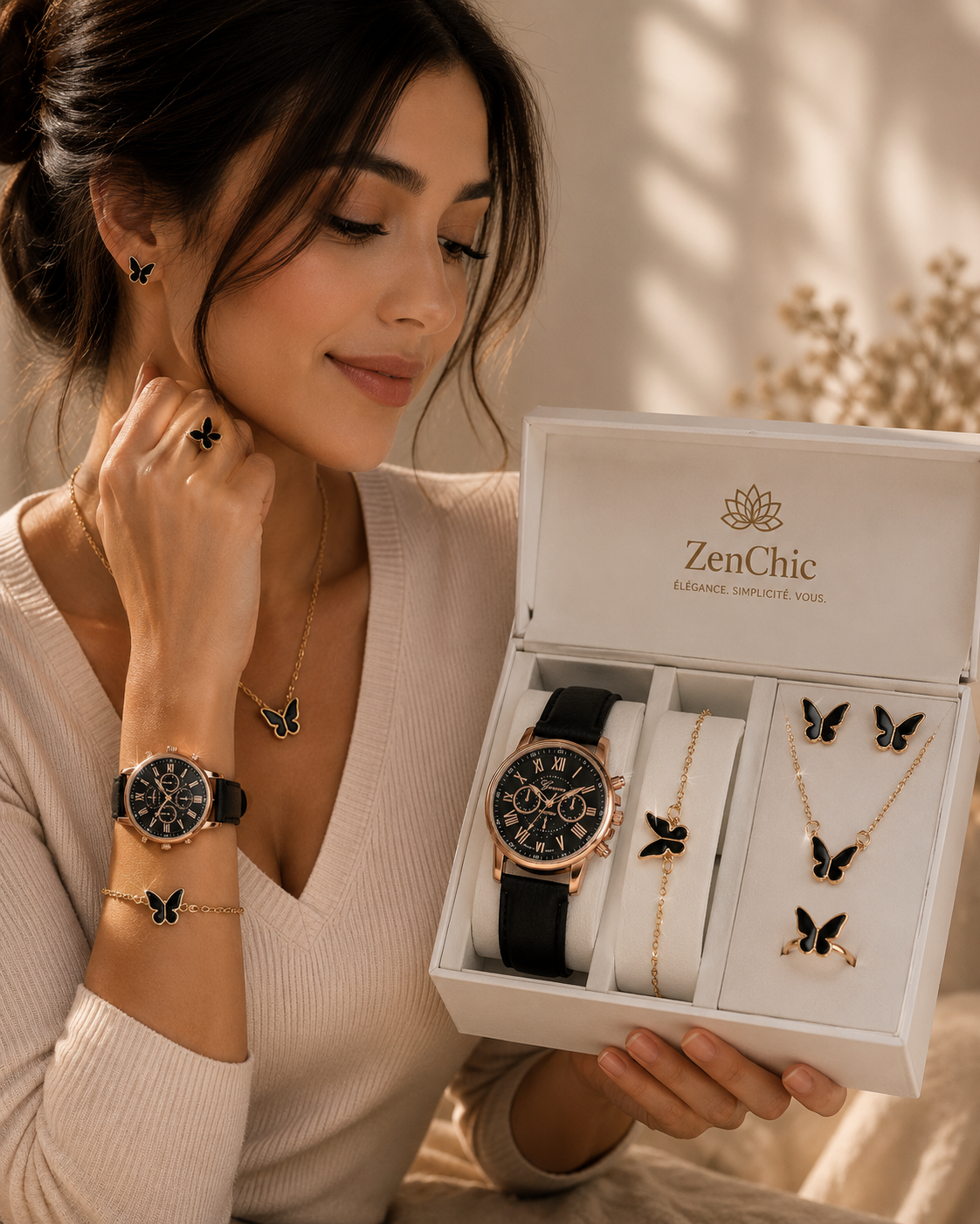 Coffret Montre Femme + Bijoux Papillon/cœurs | Ensemble Cadeau 5 Pièces — ZenChic