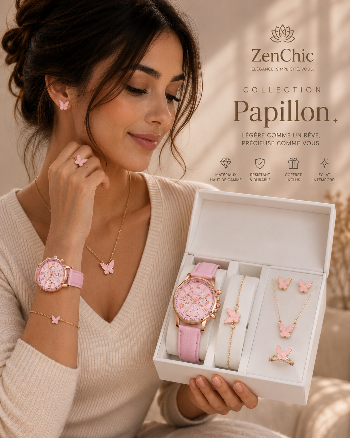 Coffret Montre Femme + Bijoux Papillon/cœurs | Ensemble Cadeau 5 Pièces — ZenChic