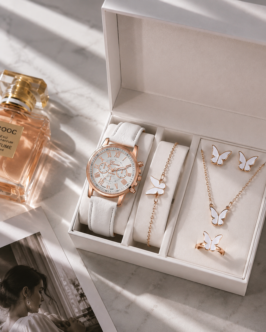 Coffret Montre Femme + Bijoux Papillon/cœurs | Ensemble Cadeau 5 Pièces — ZenChic