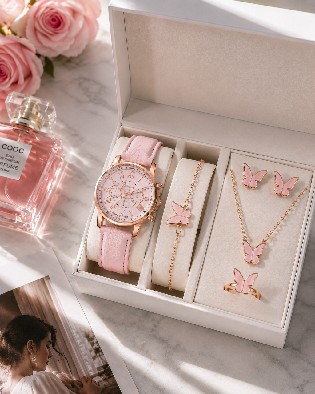 Coffret Montre Femme + Bijoux Papillon/cœurs | Ensemble Cadeau 5 Pièces — ZenChic