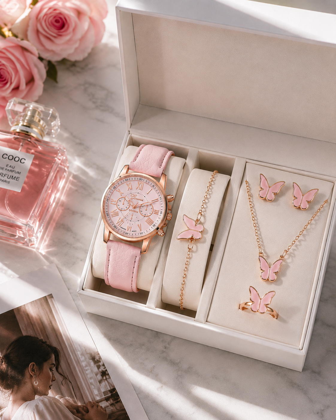 Coffret Montre Femme + Bijoux Papillon/cœurs | Ensemble Cadeau 5 Pièces — ZenChic