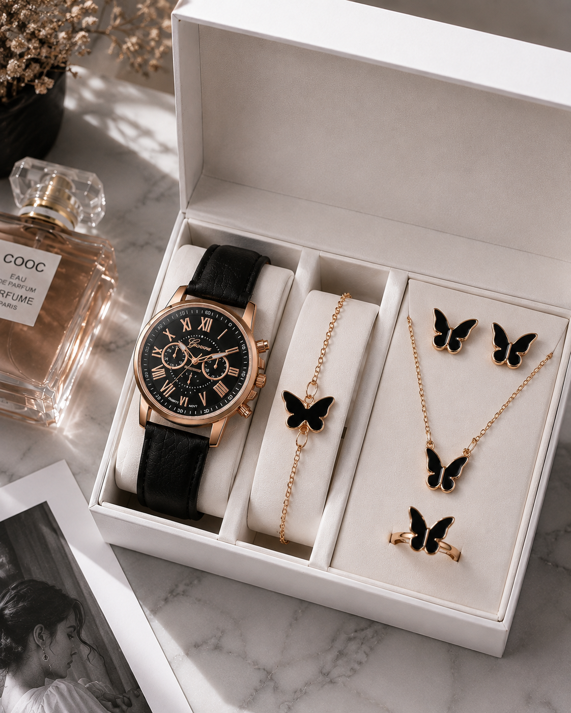 Coffret Montre Femme + Bijoux Papillon/cœurs | Ensemble Cadeau 5 Pièces — ZenChic