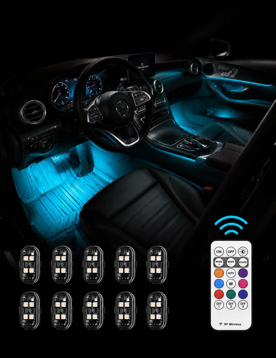 Lumières LED RGB Sans Fil - Éclairage d'Ambiance Voiture, Moto, Vélo, Camping, Extérieur - Stroboscope & Feux de Sécurité, Télécommande 8 Couleurs, Rechargeable, Étanche