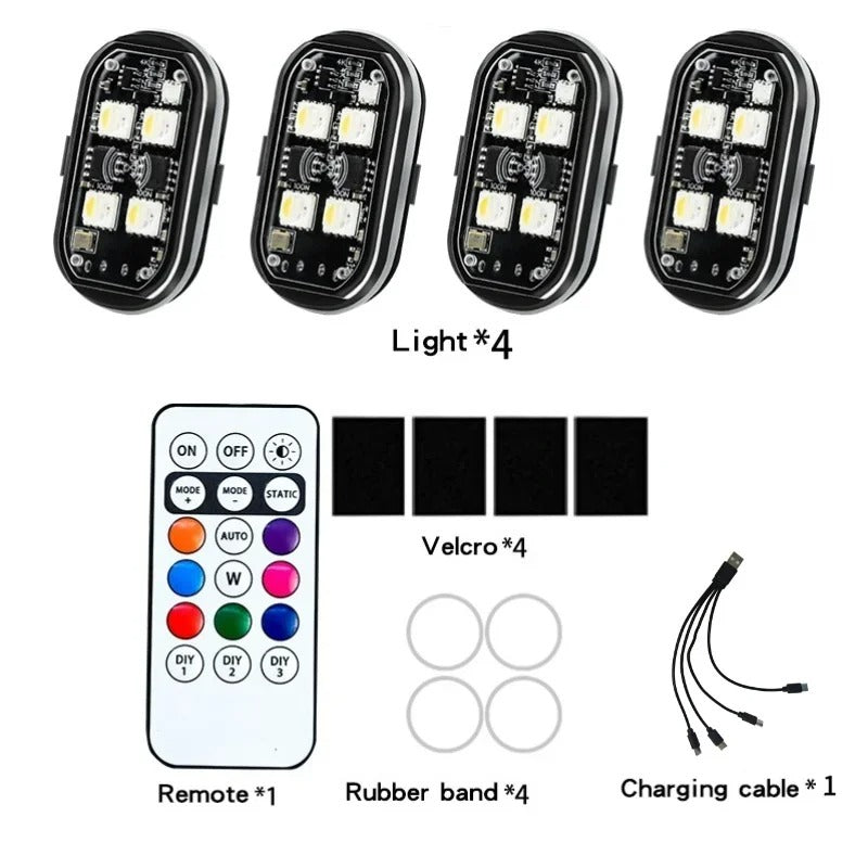 Lumières LED RGB Sans Fil - Éclairage d'Ambiance Voiture, Moto, Vélo, Camping, Extérieur - Stroboscope & Feux de Sécurité, Télécommande 8 Couleurs, Rechargeable, Étanche